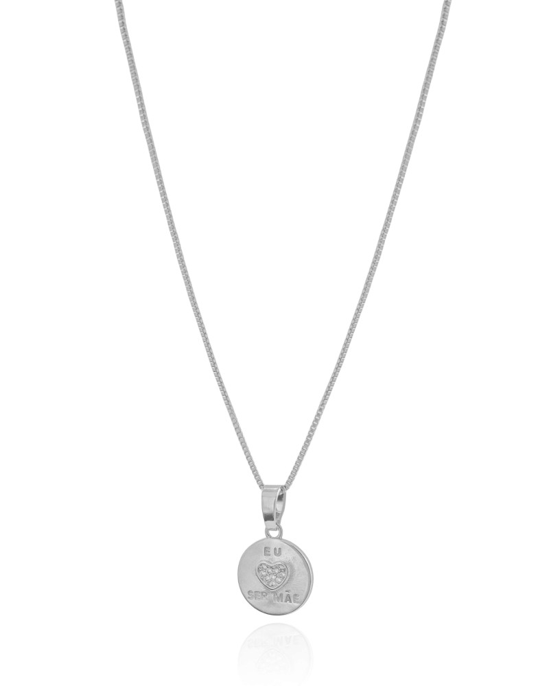 Gargantilha Eu Amo Ser Mãe Coração Cristal Ródio Branco - 45 cm