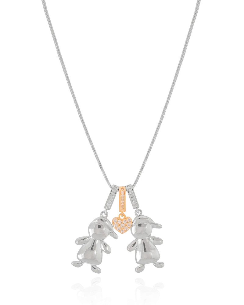 Gargantilha Filho Meninos Mix de Banhos Coração Cristal Ródio Branco - 45 cm