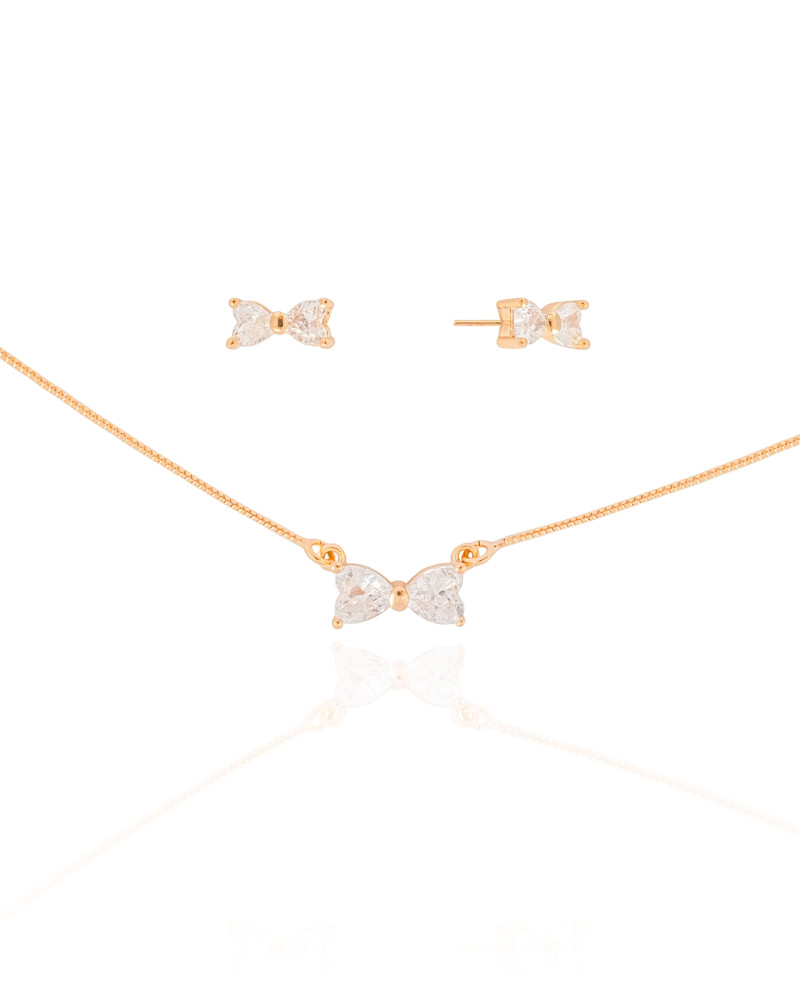 Conjunto Laço Corações Cristal Banhado a Ouro 18K