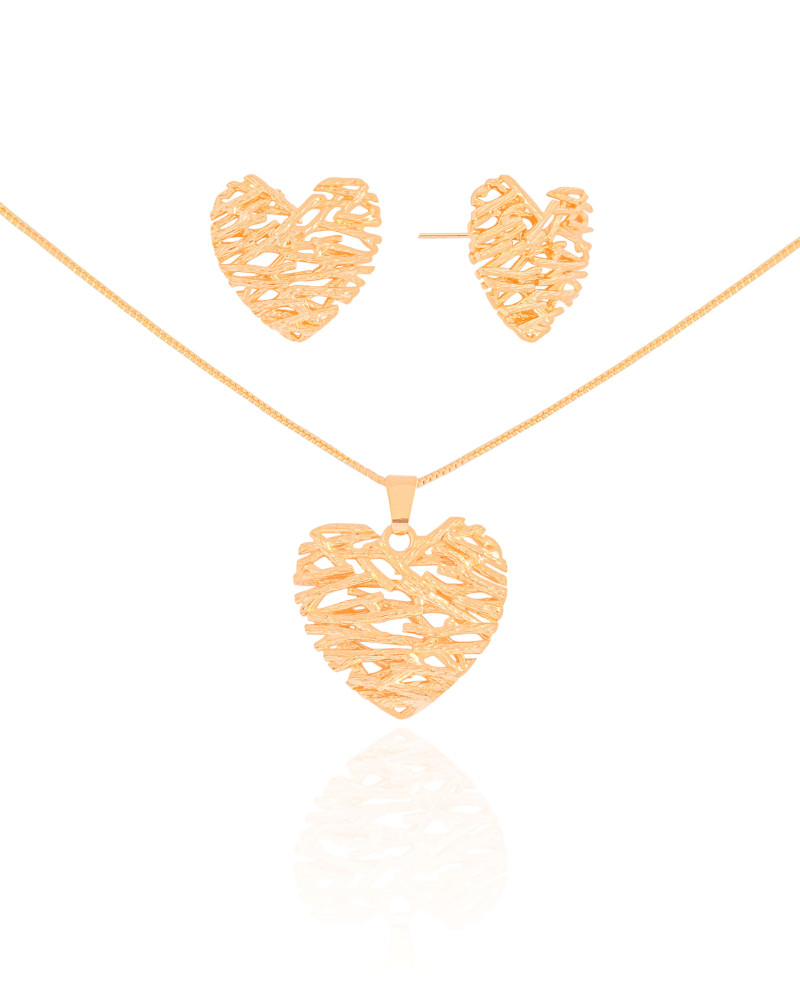 Conjunto Coração Galhos Banhado a Ouro 18K