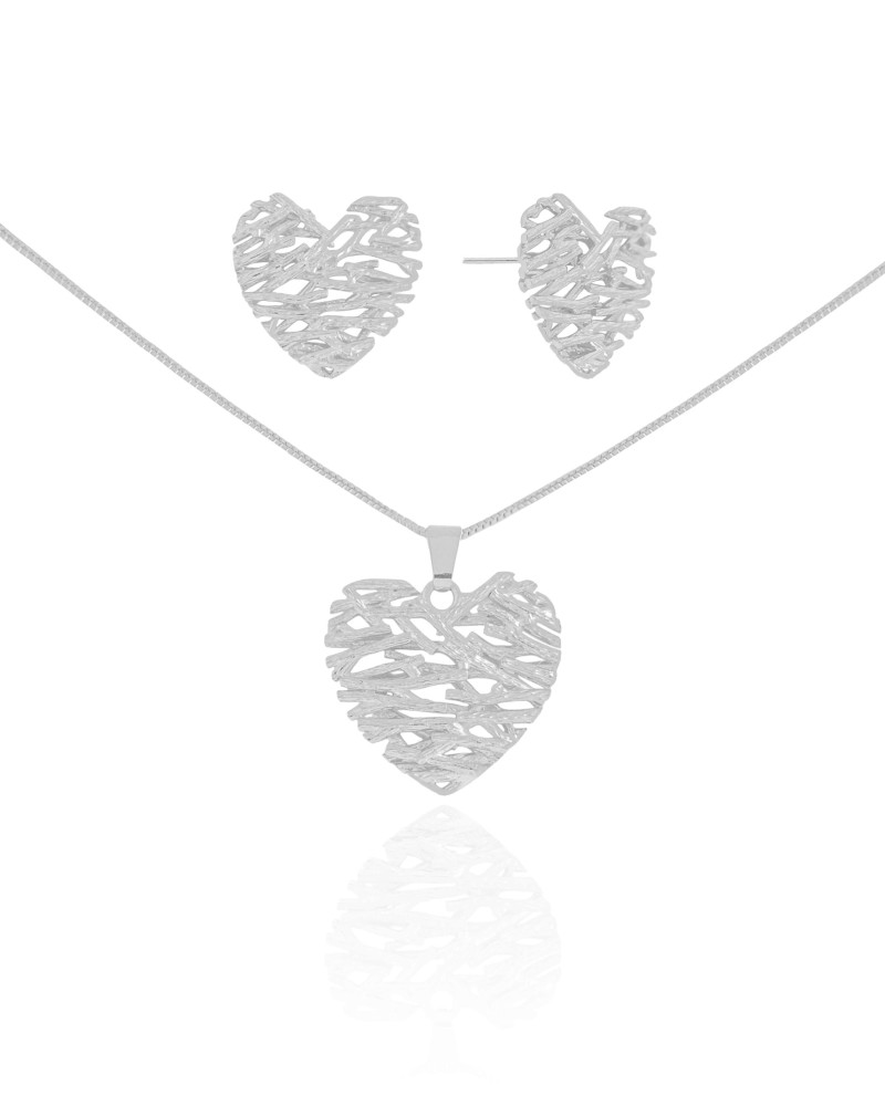 Conjunto Coração Galhos Ródio Branco