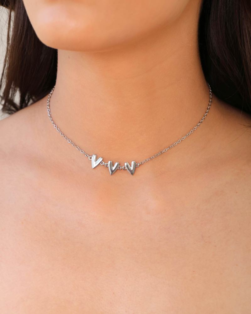 Choker Elos Corações Lisos Ródio Branco