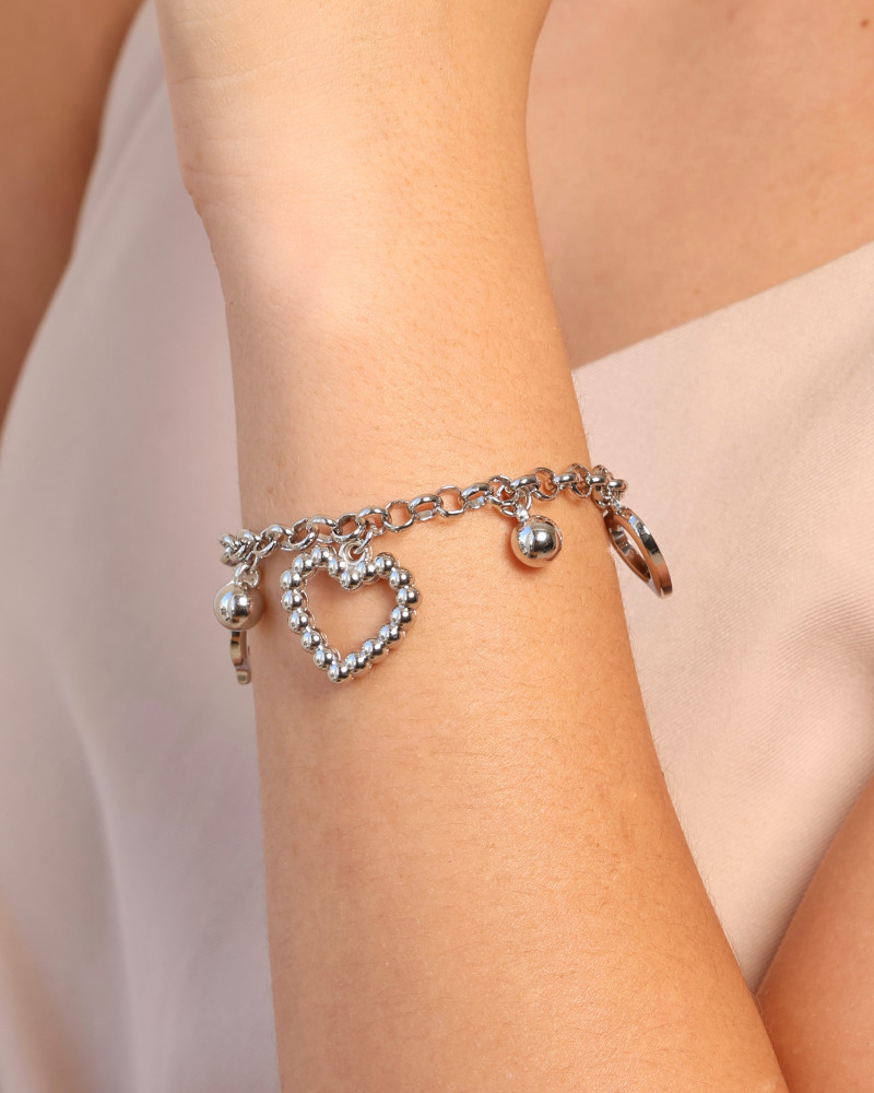 Pulseira Elos Corações e Bolas Lisas Ródio Branco