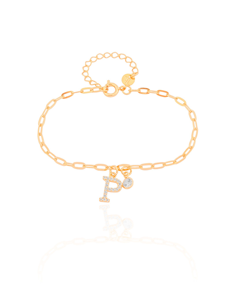Pulseira Elos Letra P Cravejado Cristal Banhado a Ouro 18K