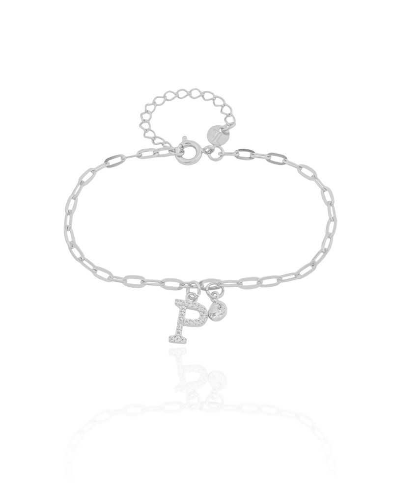 Pulseira Elos Letra P Cravejado Cristal Ródio Branco