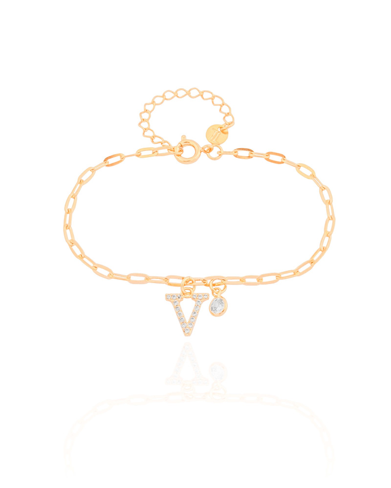 Pulseira Elos Letra V Cravejado Cristal Banhado a Ouro 18K
