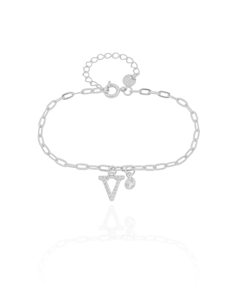 Pulseira Elos Letra V Cravejado Cristal Ródio Branco