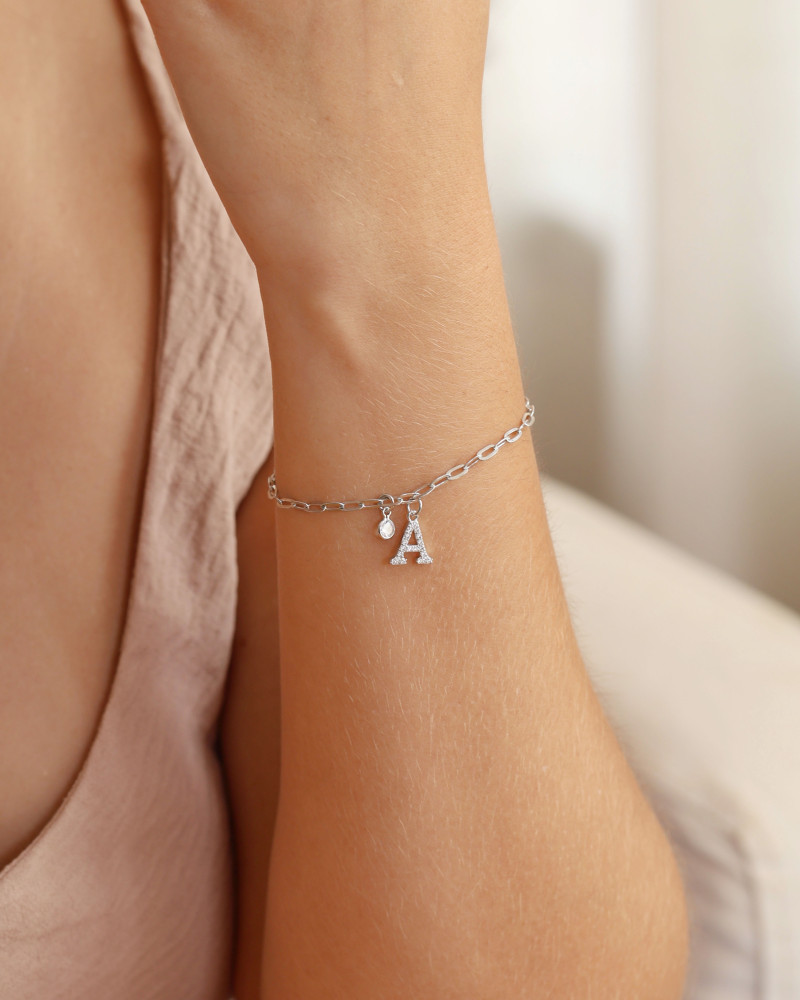 Pulseira Elos Letra V Cravejado Cristal Ródio Branco