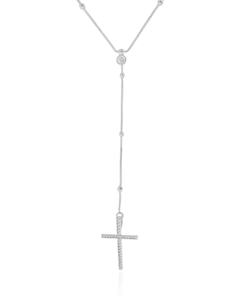 Gargantilha Gravata Bolinhas Cruz Cravejado Cristal Ródio Branco - 45 cm