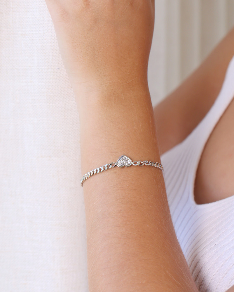 Pulseira Grumet Coração Cravejado Cristal Ródio Branco