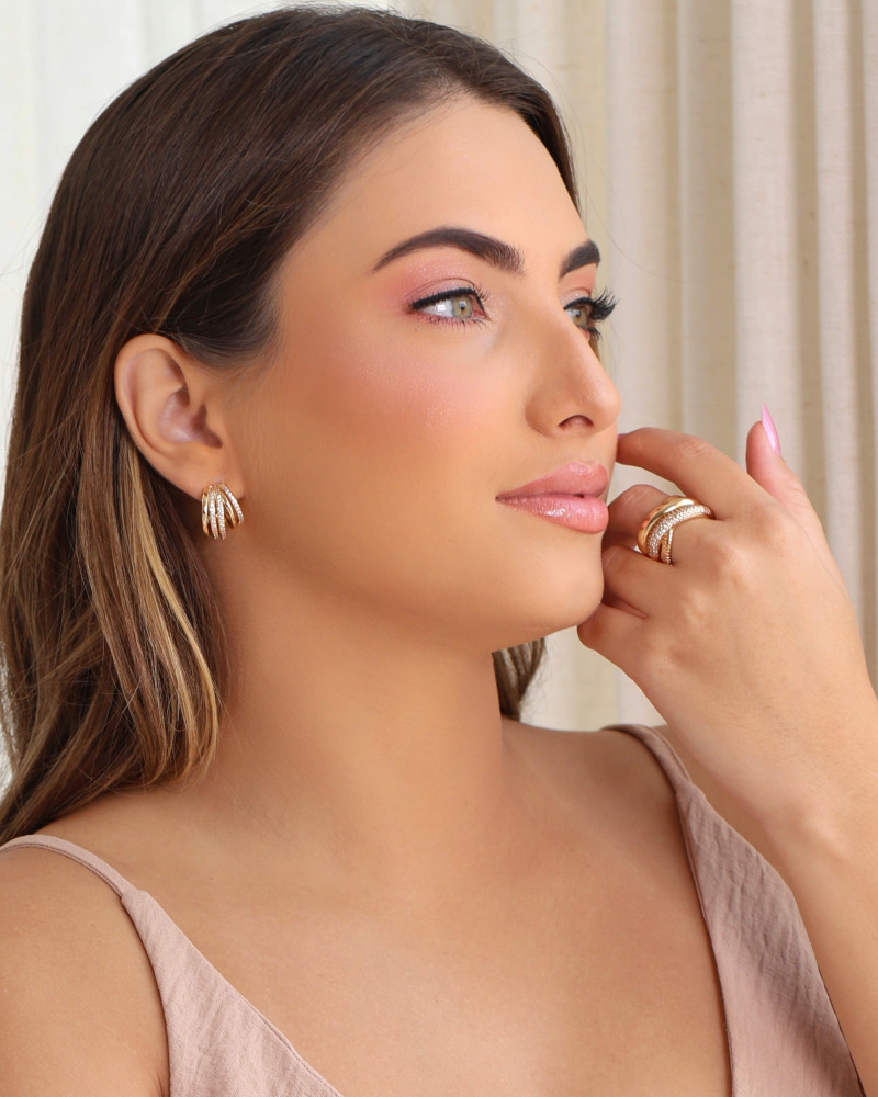 Brinco Argola Filetes Lisos e Cravejados Cristal 1.9 cm Banhado a Ouro 18K