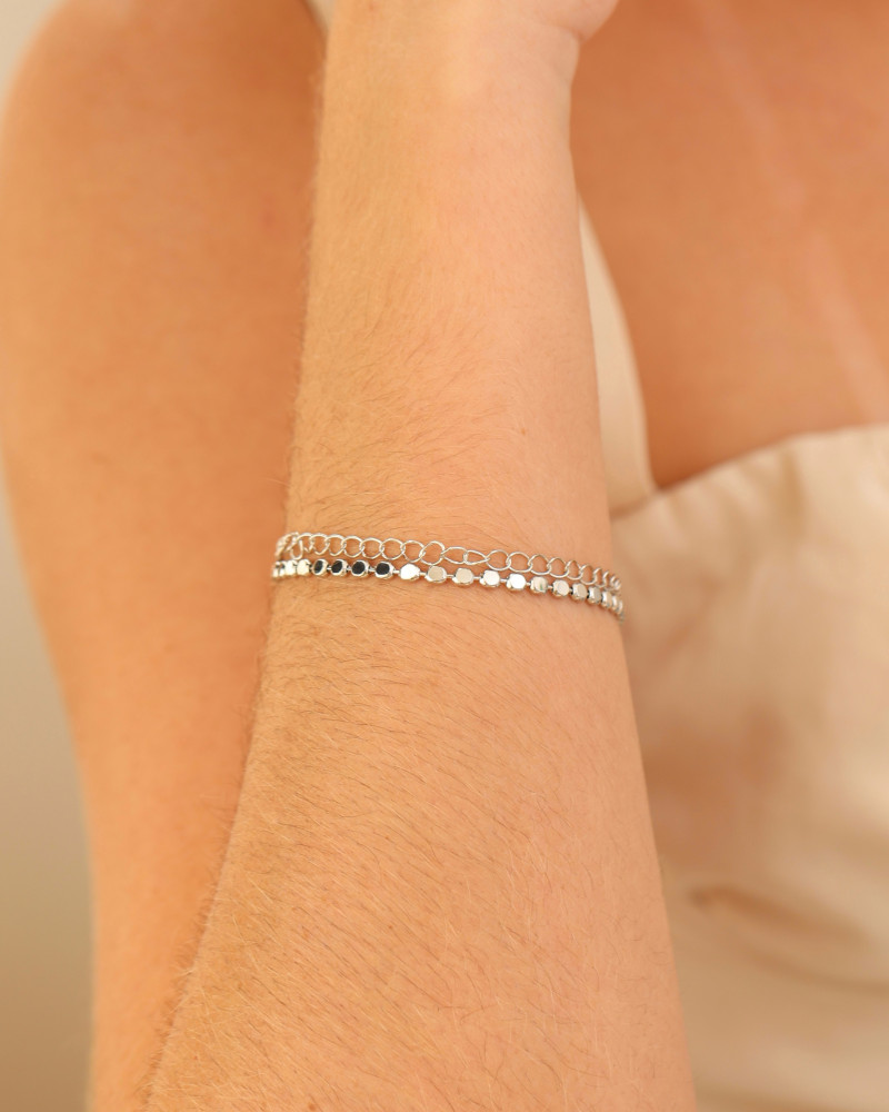 Pulseira Dupla Plaquinhas Elos Ródio Branco