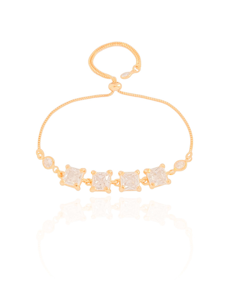 Pulseira Fecho Gravata Quadrados Cristal Banhado a Ouro 18K