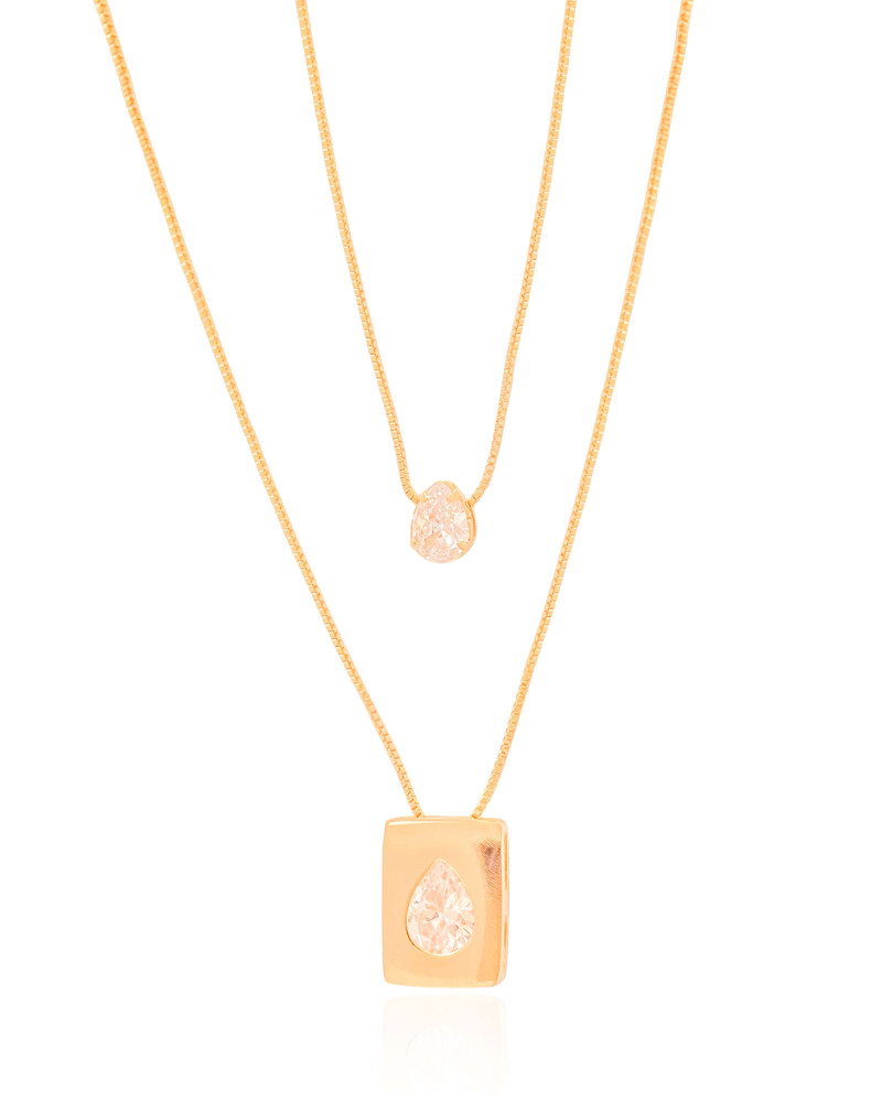 Gargantilha Dupla Gotas Cristal Banhado a Ouro 18K