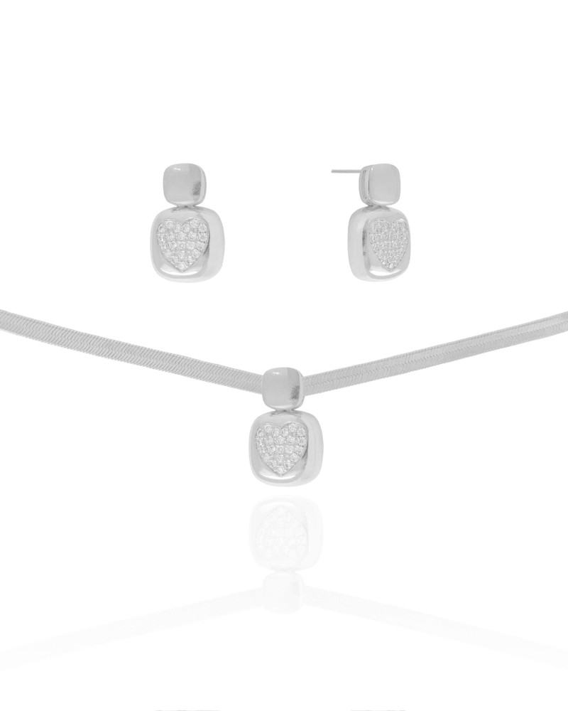 Conjunto Malha Fita Coração Cravejado Cristal Ródio Branco