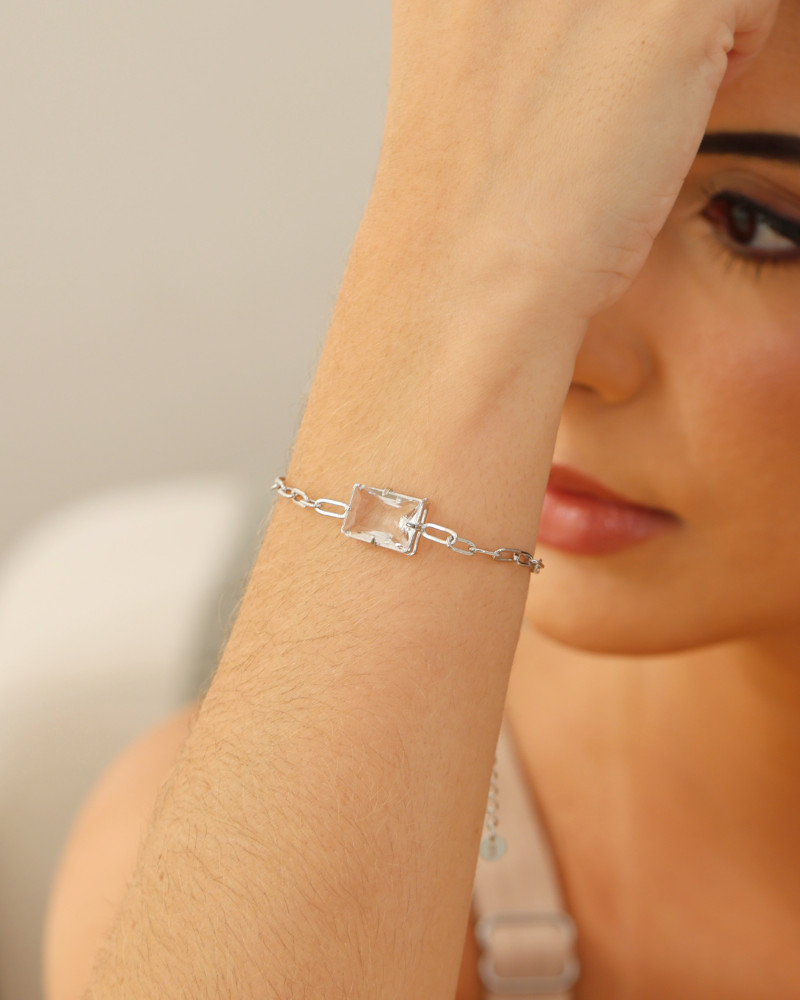 Pulseira Elos Retangulo Cristal Ródio Branco