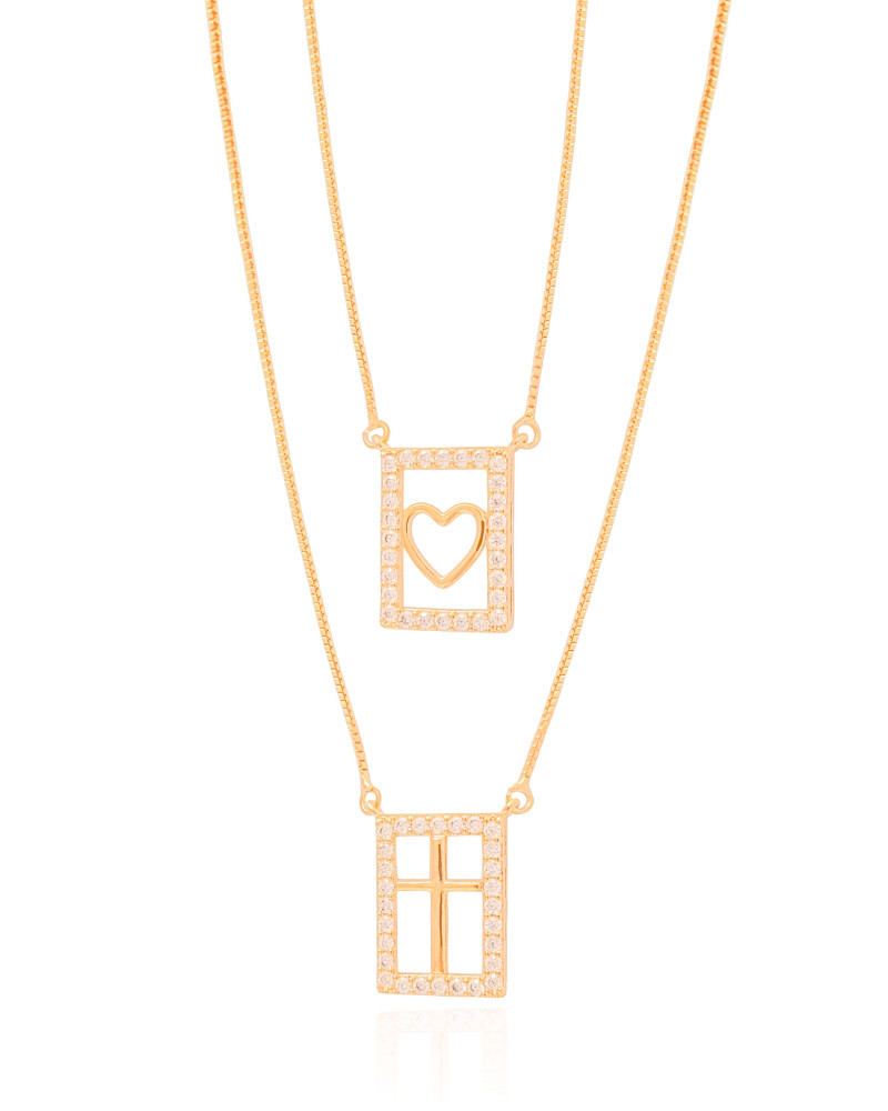 Gargantilha Dupla Cruz Coração Cravejado Cristal Banhado a Ouro 18K