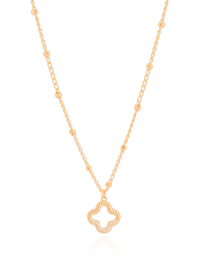 Gargantilha Elos Bolinhas Flor Cravejada Cristal Banhado a Ouro 18K - 45 cm