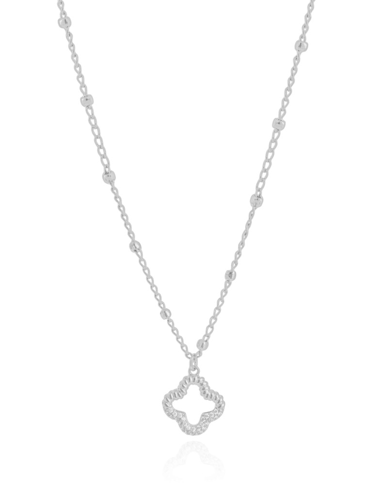 Gargantilha Elos Bolinhas Flor Cravejada Cristal Ródio Branco - 45 cm