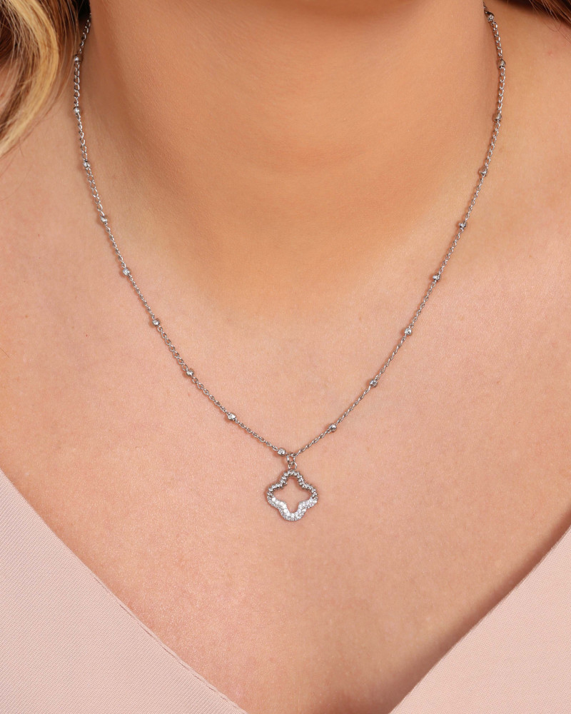 Gargantilha Elos Bolinhas Flor Cravejada Cristal Ródio Branco - 45 cm