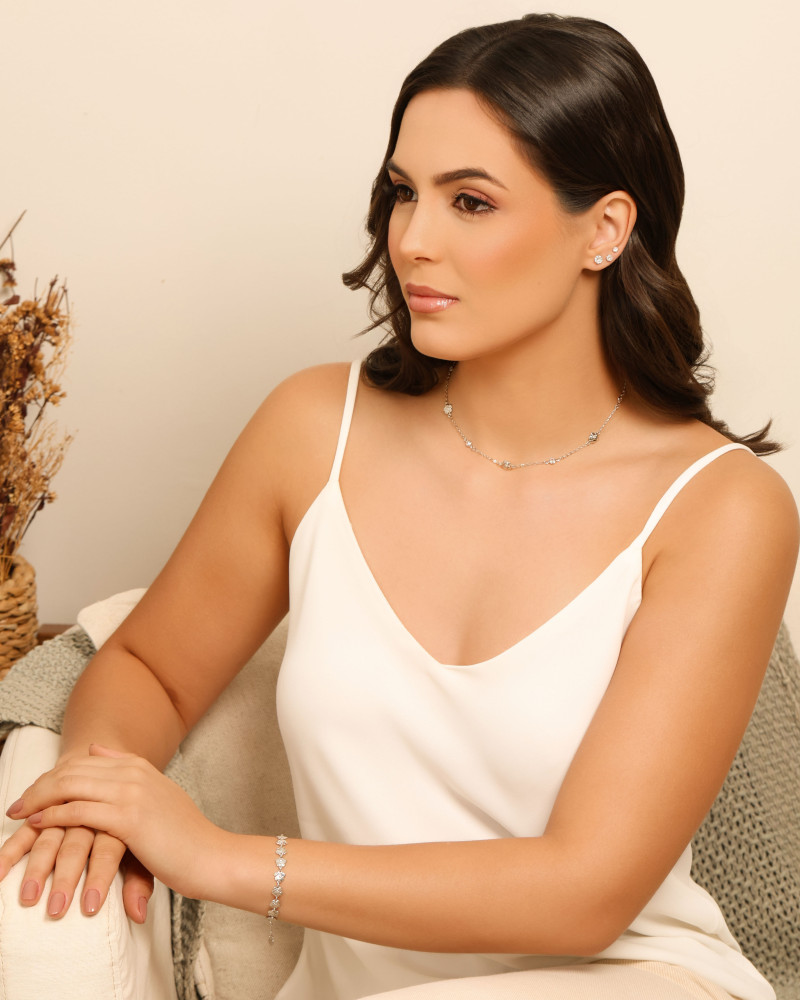 Choker Flores Pontos de Luz Cristal Ródio Branco