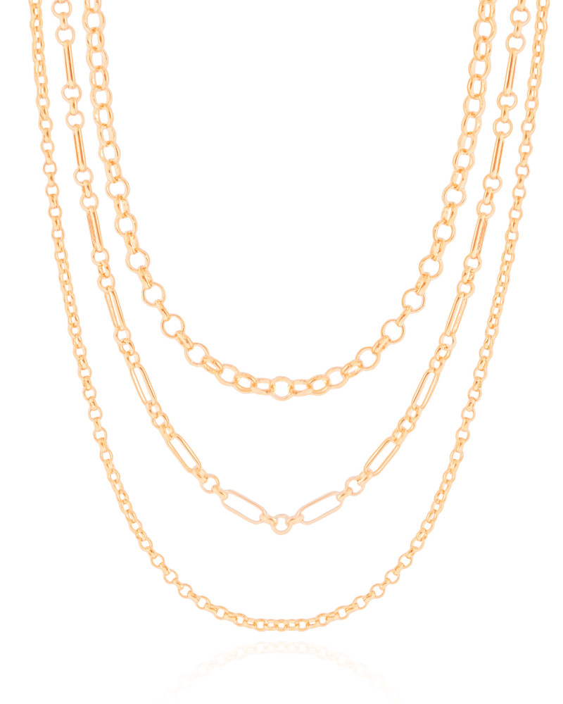 Gargantilha Tripla Elos Portugueses e Ovais Banhado a Ouro 18K