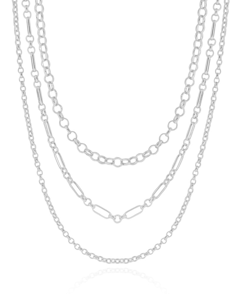 Gargantilha Tripla Elos Portugueses e Ovais Ródio Branco