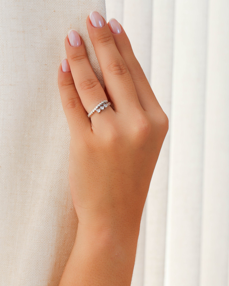 Anel Ajustável Corações Cristal Tamanho P Ródio Branco