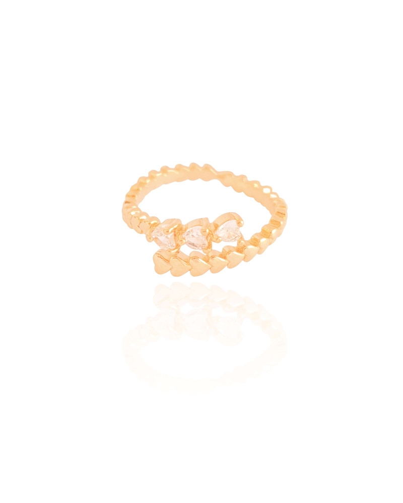 Anel Ajustável Corações Cristal Tamanho M Banhado a Ouro 18K