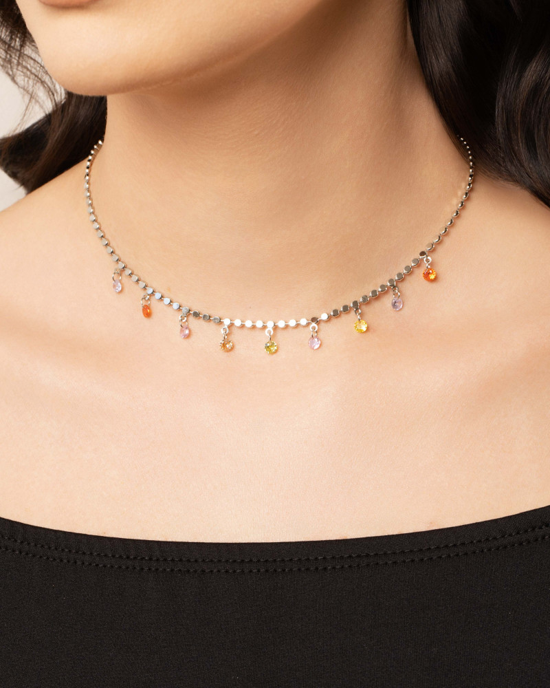 Choker Plaquinhas Pontos de Luz Coloridos Ródio Branco