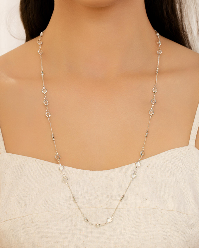 Gargantilha Longa Pontos de Luz Cristal Bolinhas Lisas Ródio Branco - 80 cm