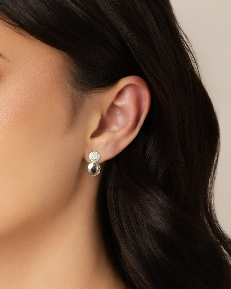 Brinco Redondo Duplo Liso Cravejado Cristal 1.5 cm Ródio Branco