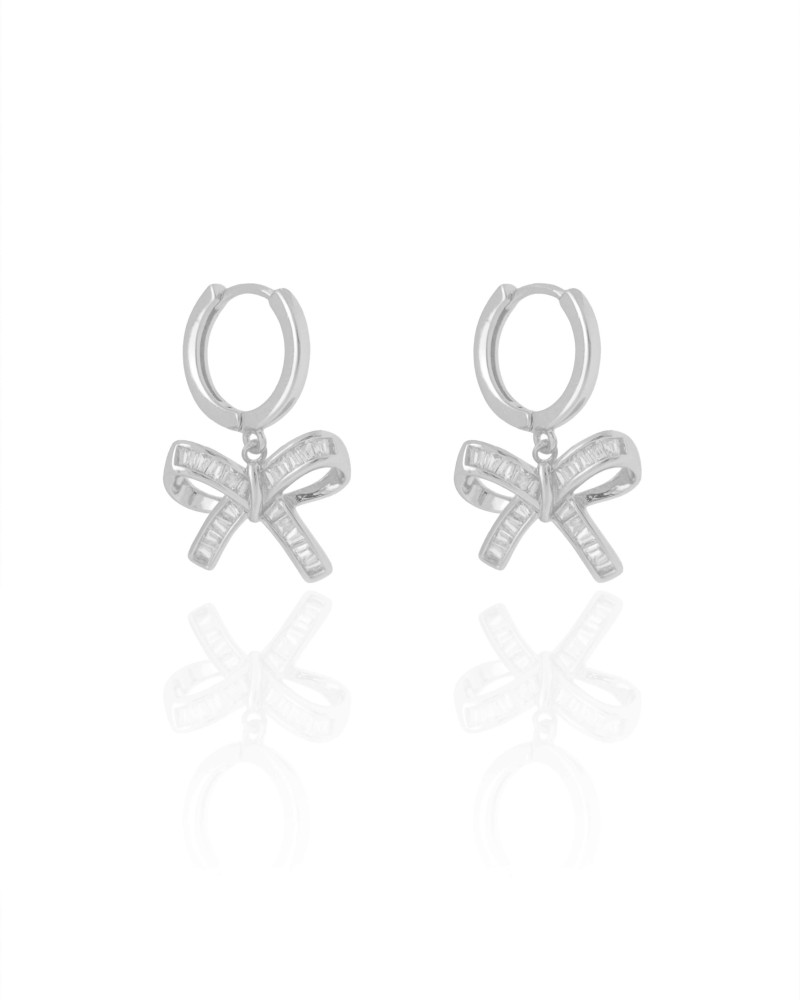 Brinco Argola Click Laço Baguetes Cristal 2.6 cm Ródio Branco