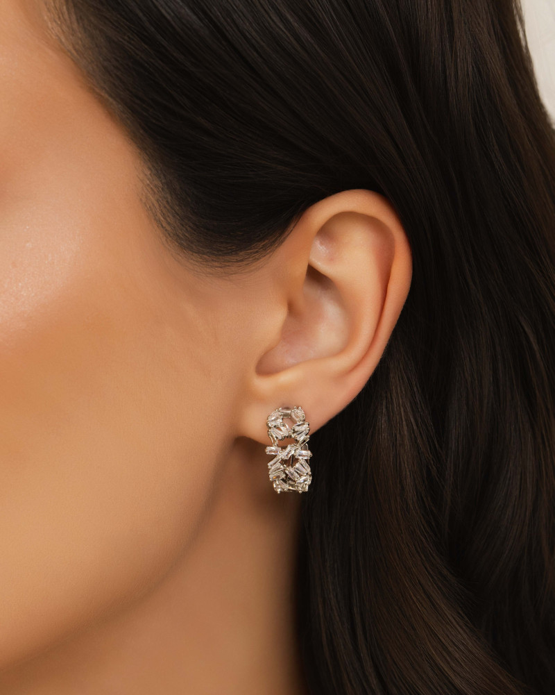 Brinco Argola Baguetes Cristal 1.9 cm Ródio Branco