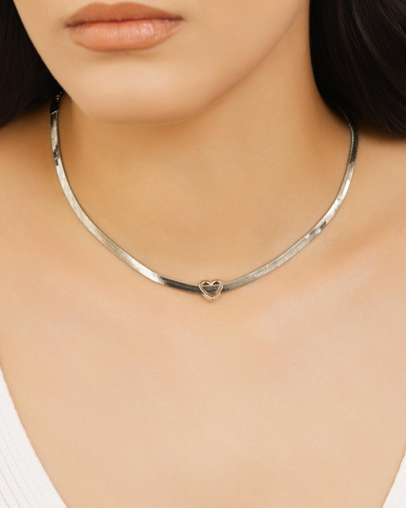Choker Malha Fita Coração Ródio Branco