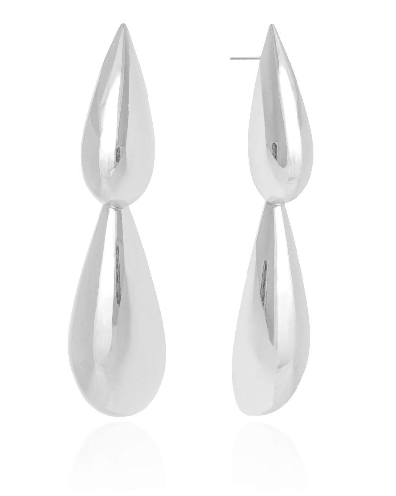 Brinco Gota Dupla Lisa 7.7 cm Ródio Branco