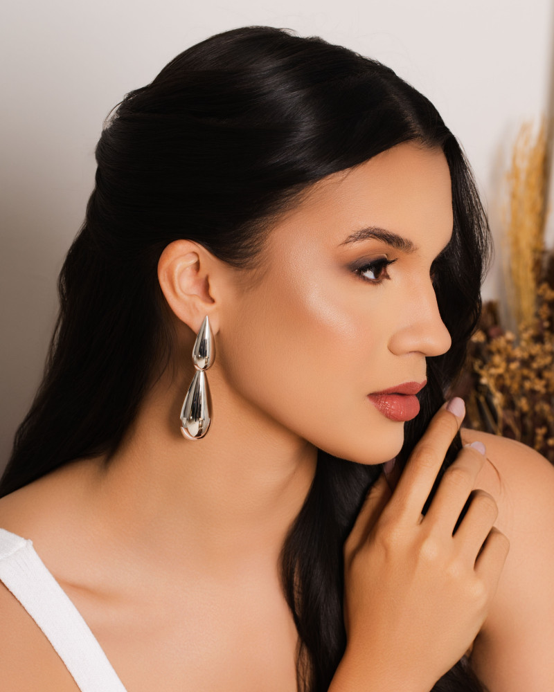 Brinco Gota Dupla Lisa 7.7 cm Ródio Branco