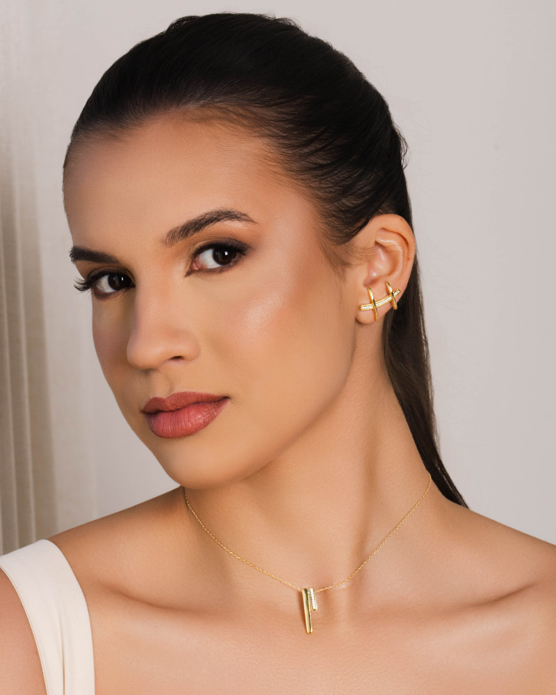 Ear Cuff Palitos Cravejado Cristal 2.3 cm Banhado a Ouro 18K