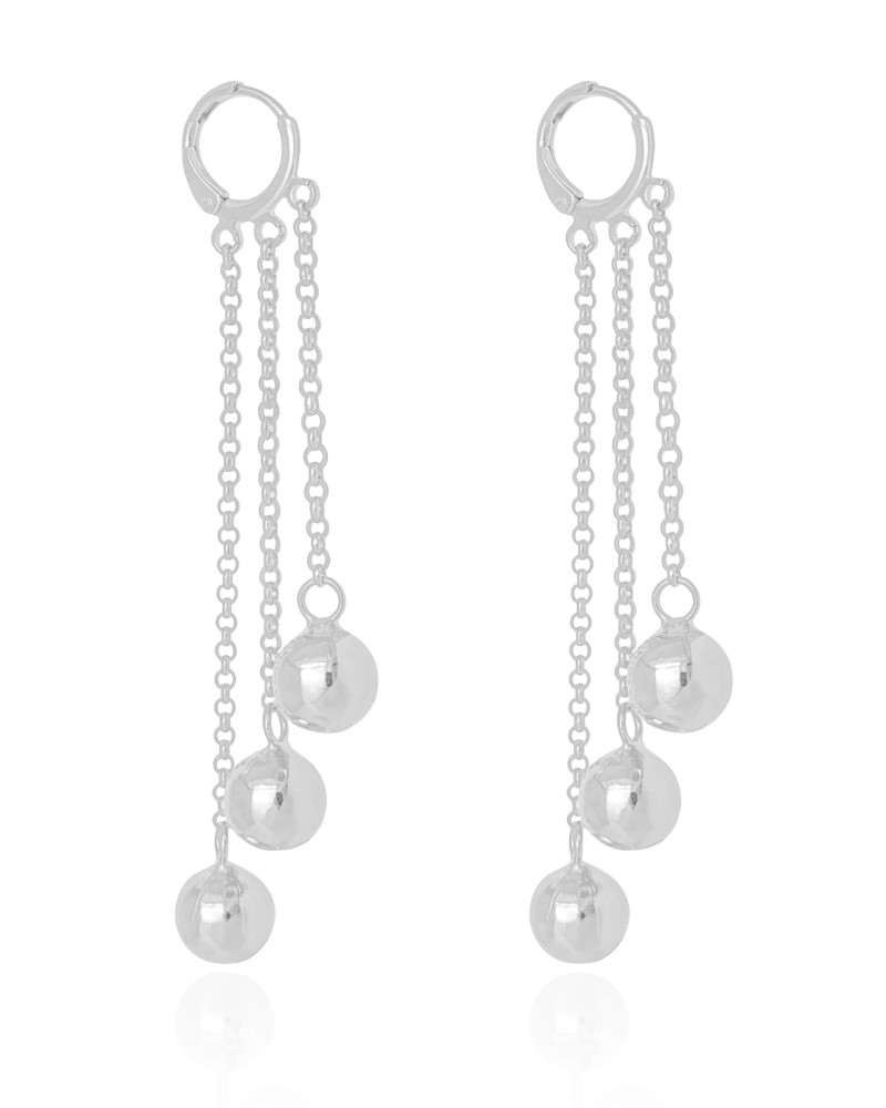 Brinco Argola Click Franjas Bolas Lisas 7.6 cm Ródio Branco