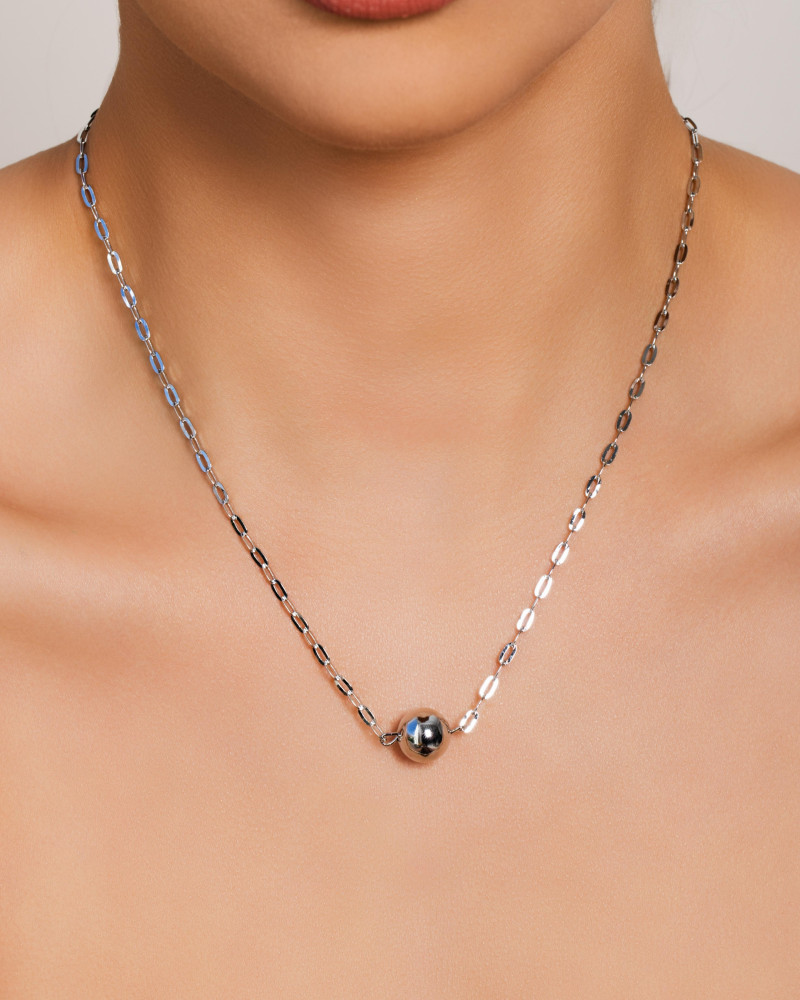 Gargantilha Elos Bola Lisa 12 mm Ródio Branco - 45 cm