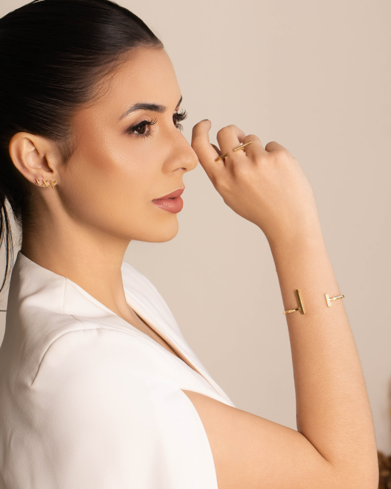 Anel Ajustável Palitos Cravejado Cristal Tamanho M Banhado a Ouro 18K