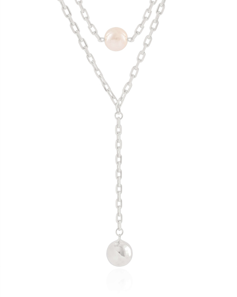 Gargantilha Gravata Dupla Elos Bola e Pérola Ródio Branco