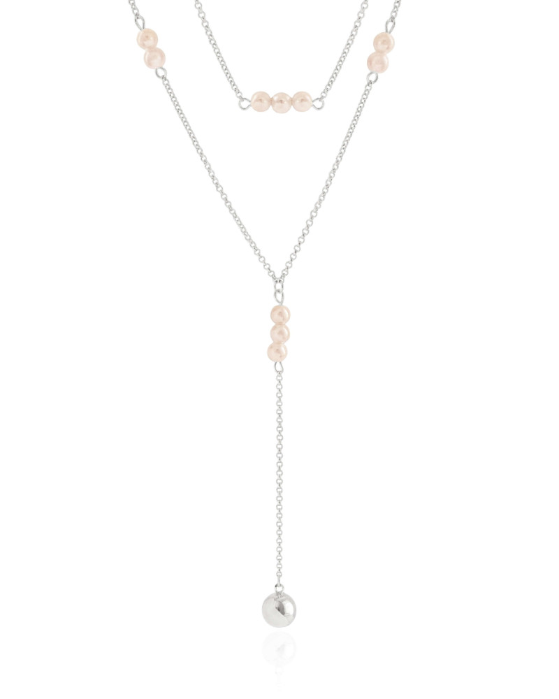 Gagantilha Gravata Dupla Pérolas e Bola Lisa Ródio Branco