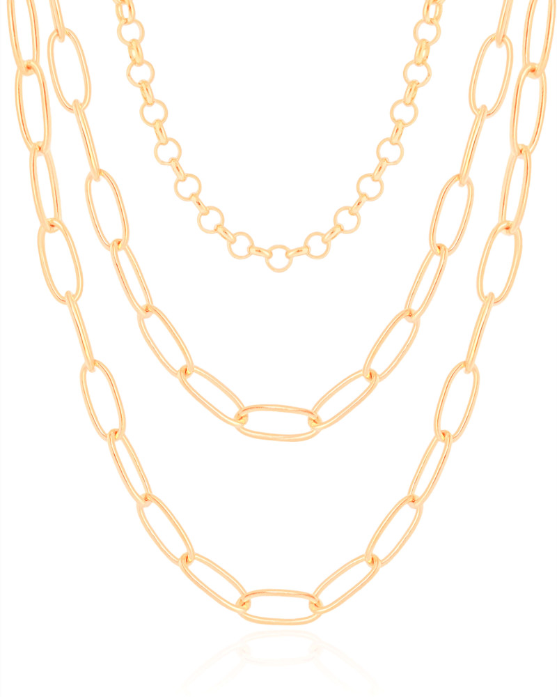 Gargantilha Tripla Elos Ovais e Portugueses Banhado a Ouro 18K