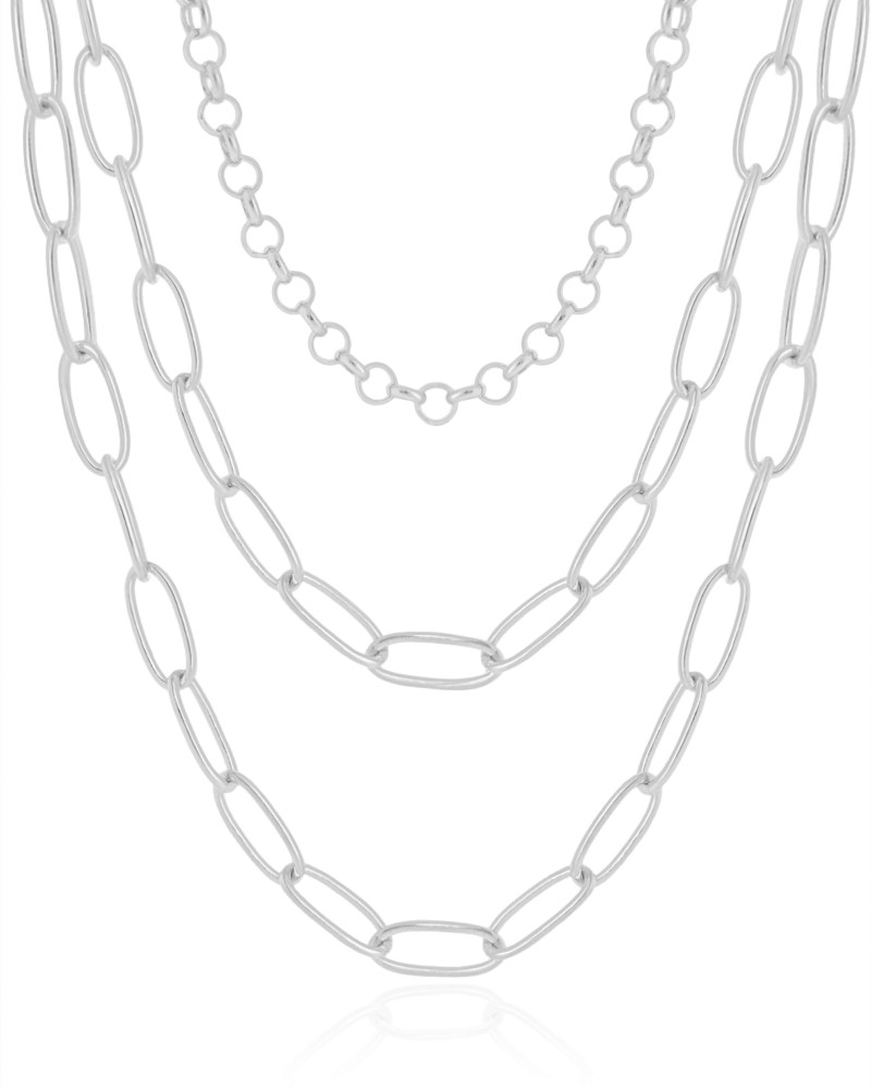 Gargantilha Tripla Elos Ovais e Portugueses Ródio Branco