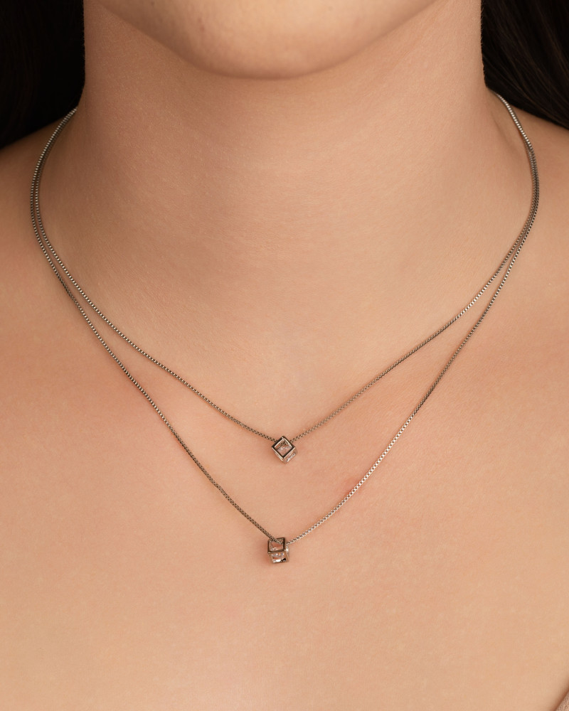 Gargantilha Dupla Quadrados Pontos de Luz Cirstal Ródio Branco