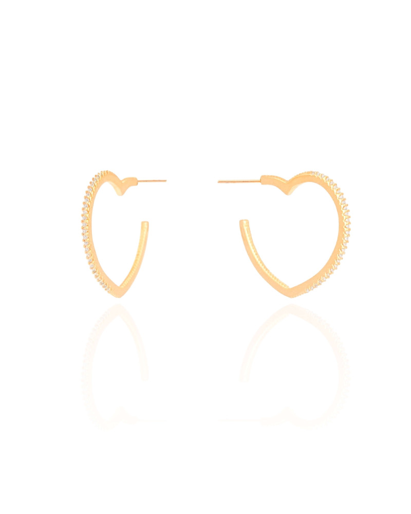 Brinco Argola Coração Cravejado Cristal 2.2 cm Banhado a Ouro 18K