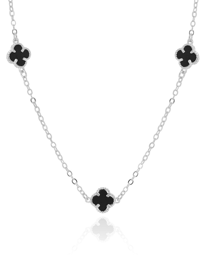 Choker Elos Trevos Tom Onix 1.0 cm Ródio Branco