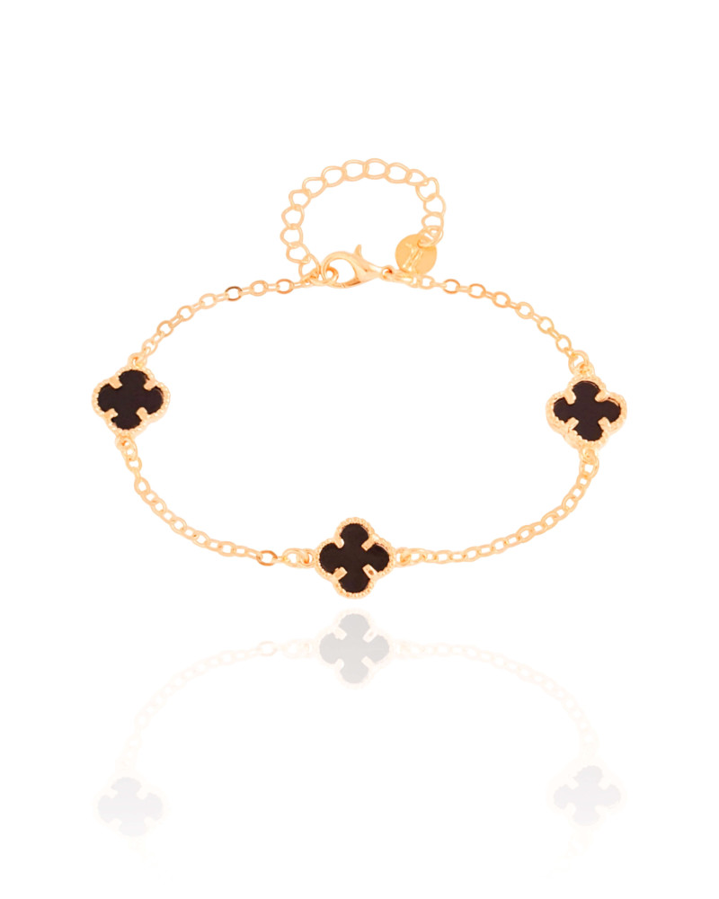 Pulseira Elos Trevos Tom Onix Banhado a Ouro 18K