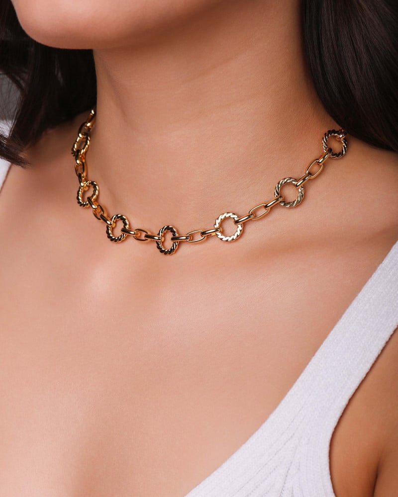 Gargantilha Elos Redondos Detalhados 1.3 Cm Banhado a Ouro 18K - 40 cm